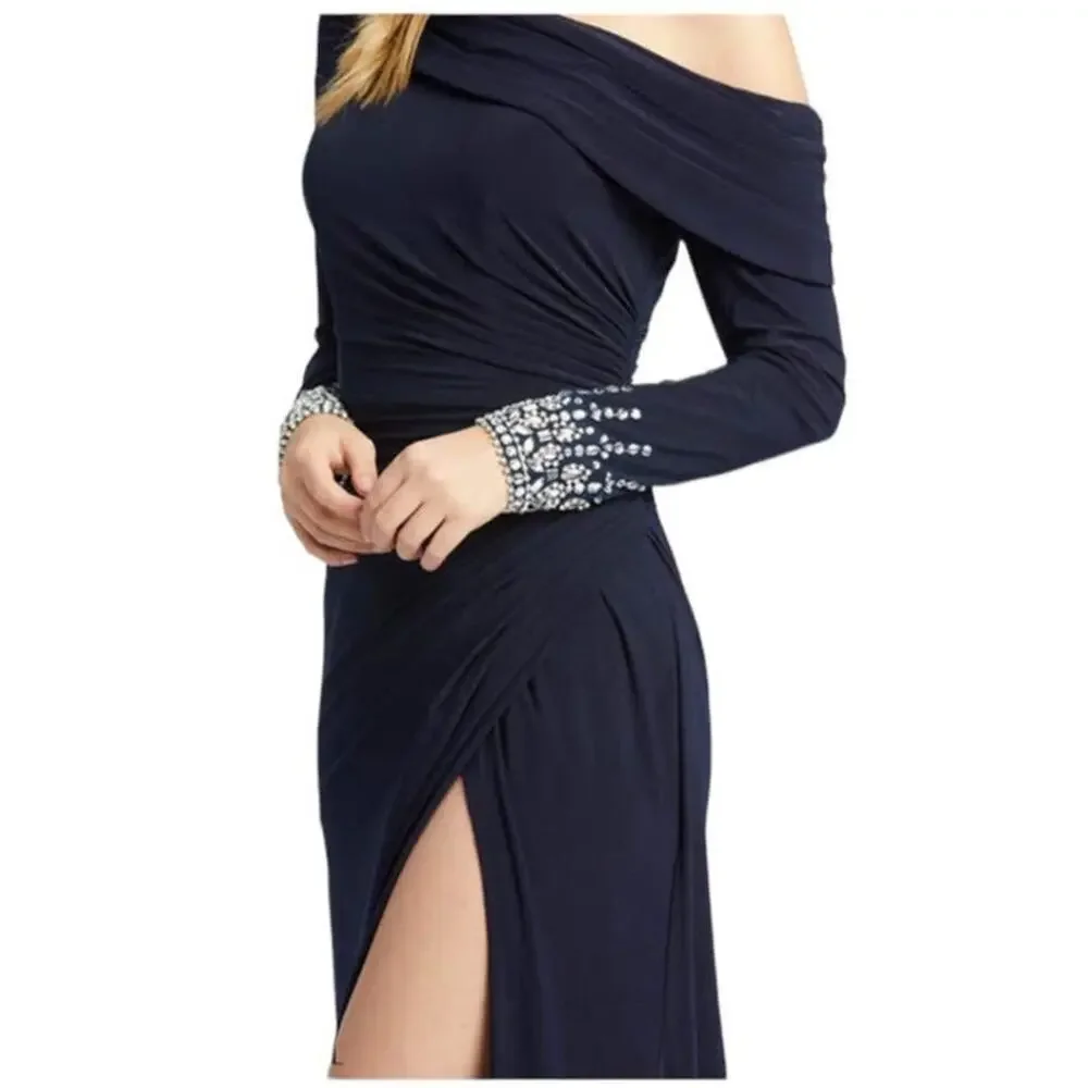 Mac Duggal 10 NEW Beaded Cuff Drop Shoulder Faux Wrap Gown Midnight Blue 12231 - Picture 4 of 8